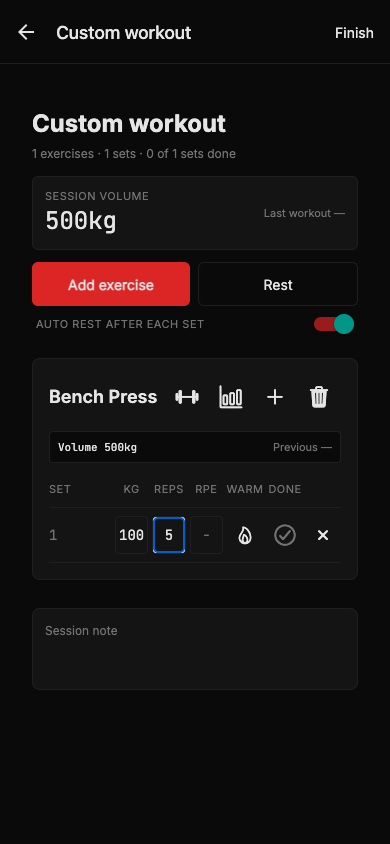 IronThane live workout logging screen